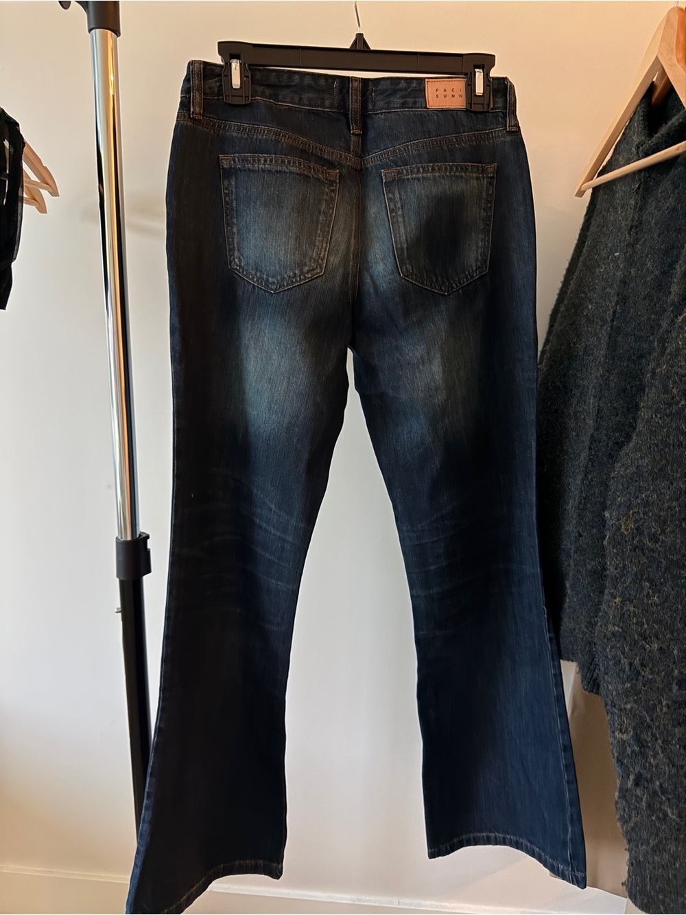 PacSun Women's Dark Blue Flare Jeans - Faded Back Pocket Detail